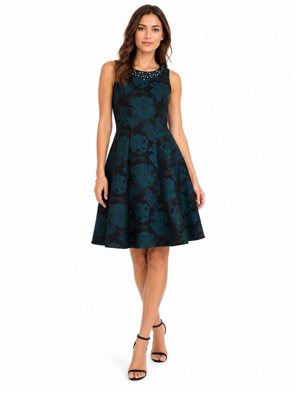 Maggy London Teal Black Jacquard A-Line Cocktail Dress Embellished Neck 8